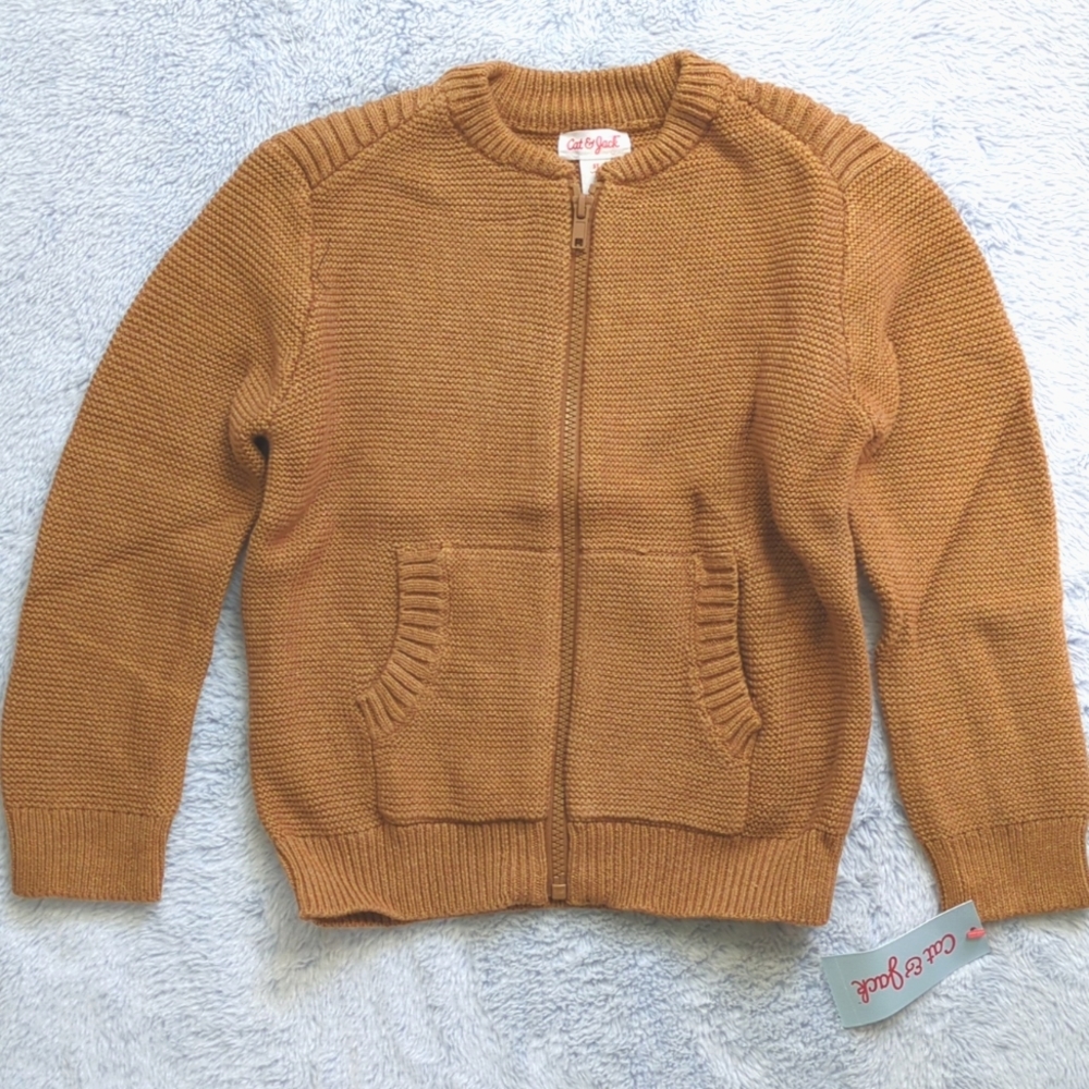 NWT 5Y Cat & Jack Cotton Motorcycle Sweater Jacket Zip-up Cardigan Gold